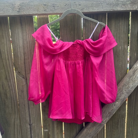 Lulu's Bright Pink Off-Shoulder Fluttery Babydoll Puff Sleeve Blouse - Picture 8 of 9